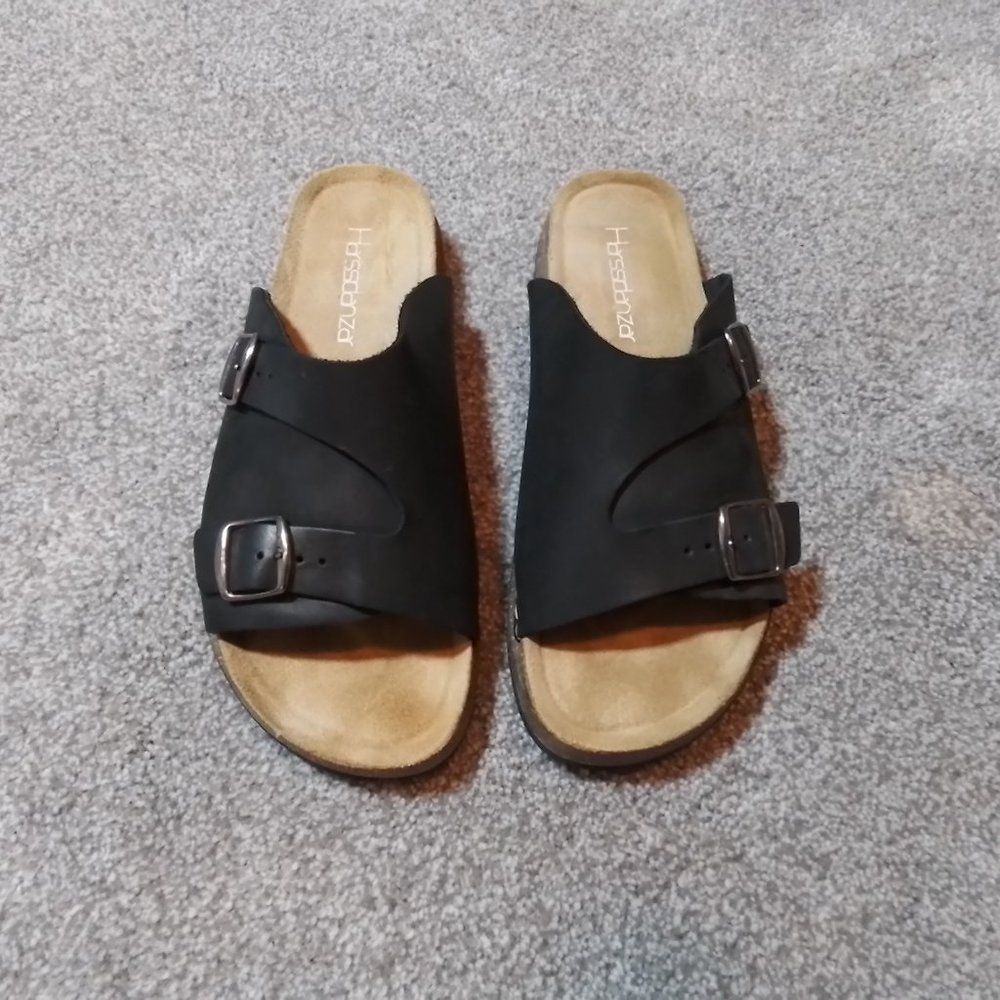 Harssidanzar Genuine Leather Slide Sandals Black with Cork Sole size 9 / 40